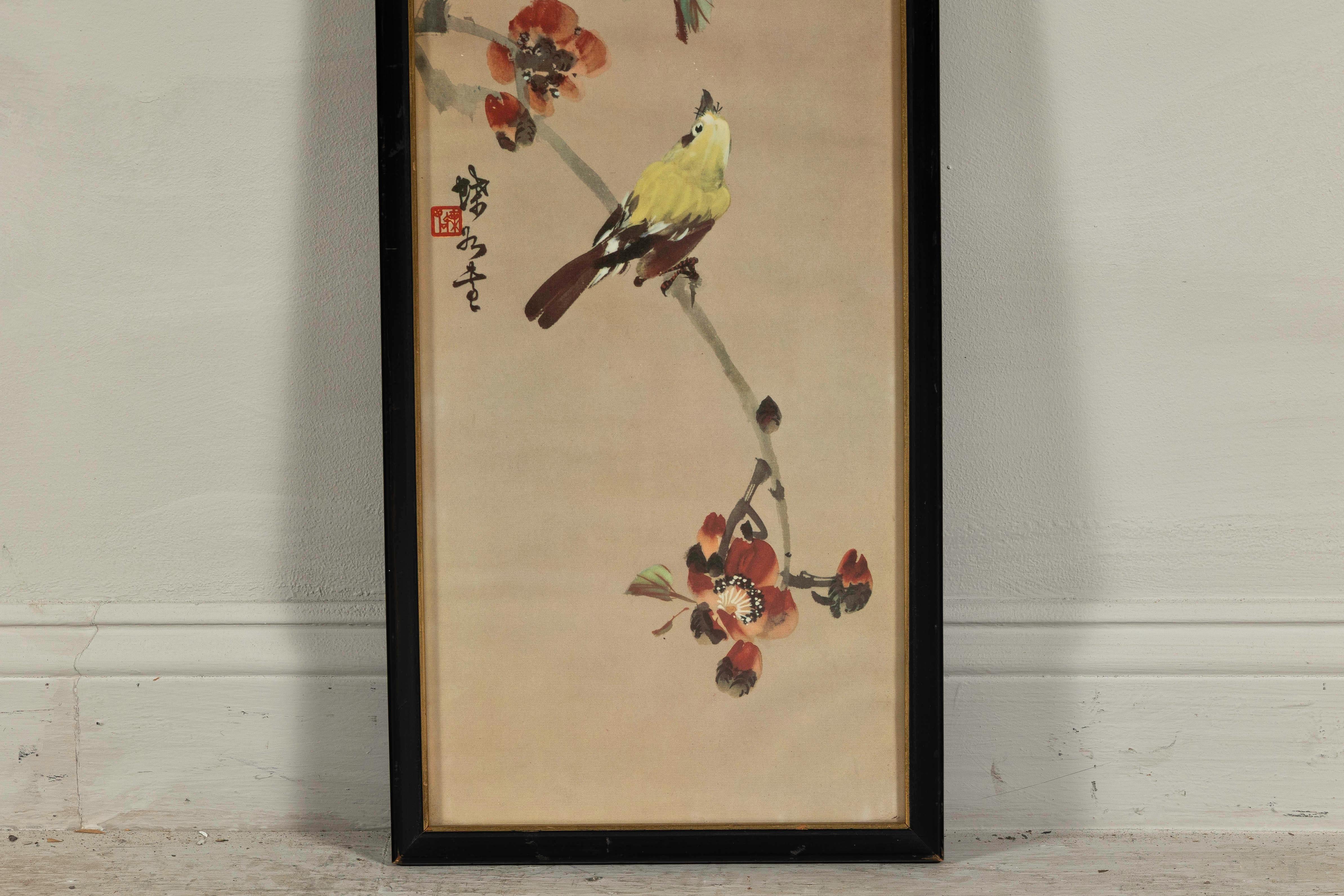 20th Century Framed Japanese Watercolor Painting of Bird on Flowering Branch For Sale