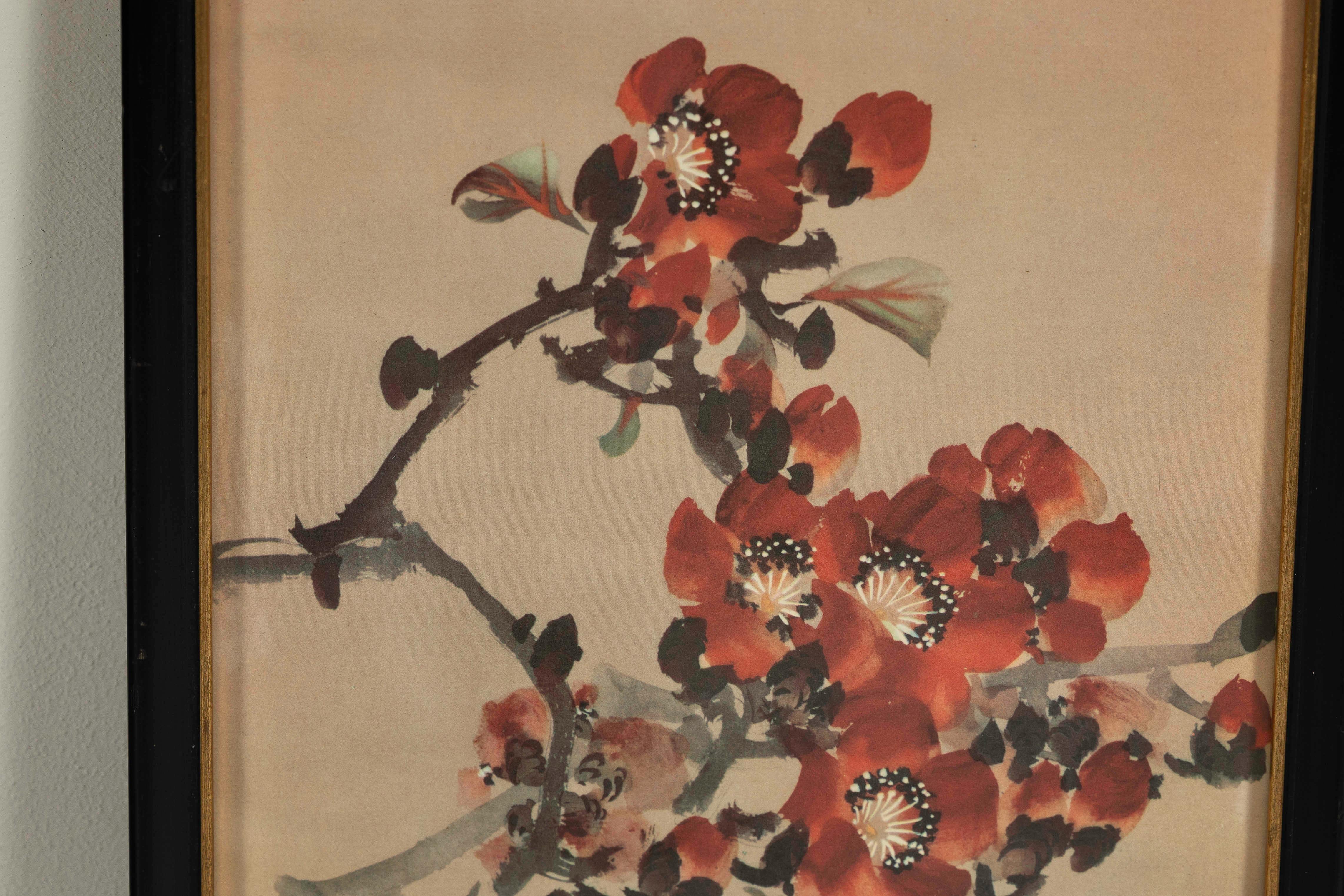 Glass Framed Japanese Watercolor Painting of Bird on Flowering Branch For Sale