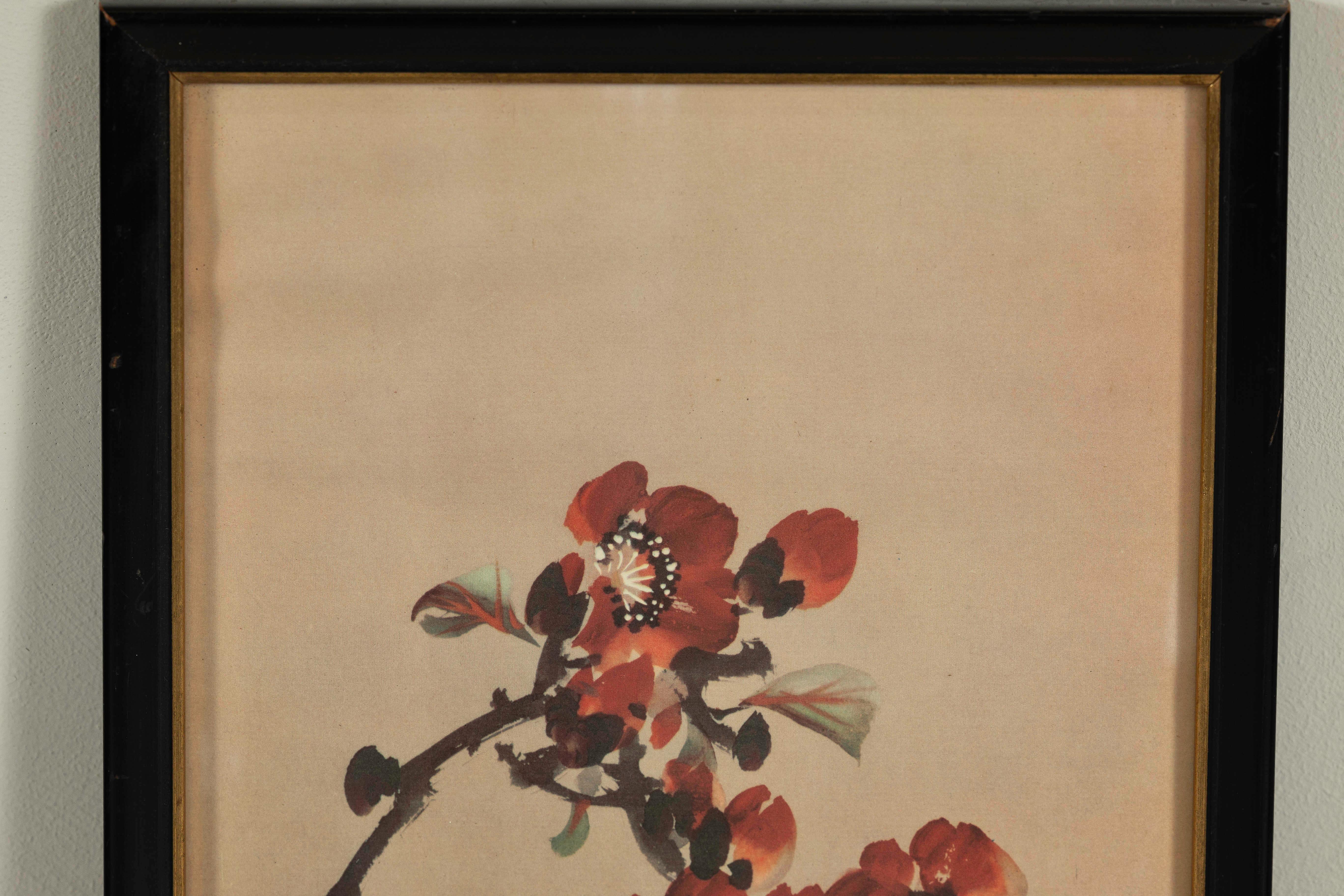 Framed Japanese Watercolor Painting of Bird on Flowering Branch For Sale 1