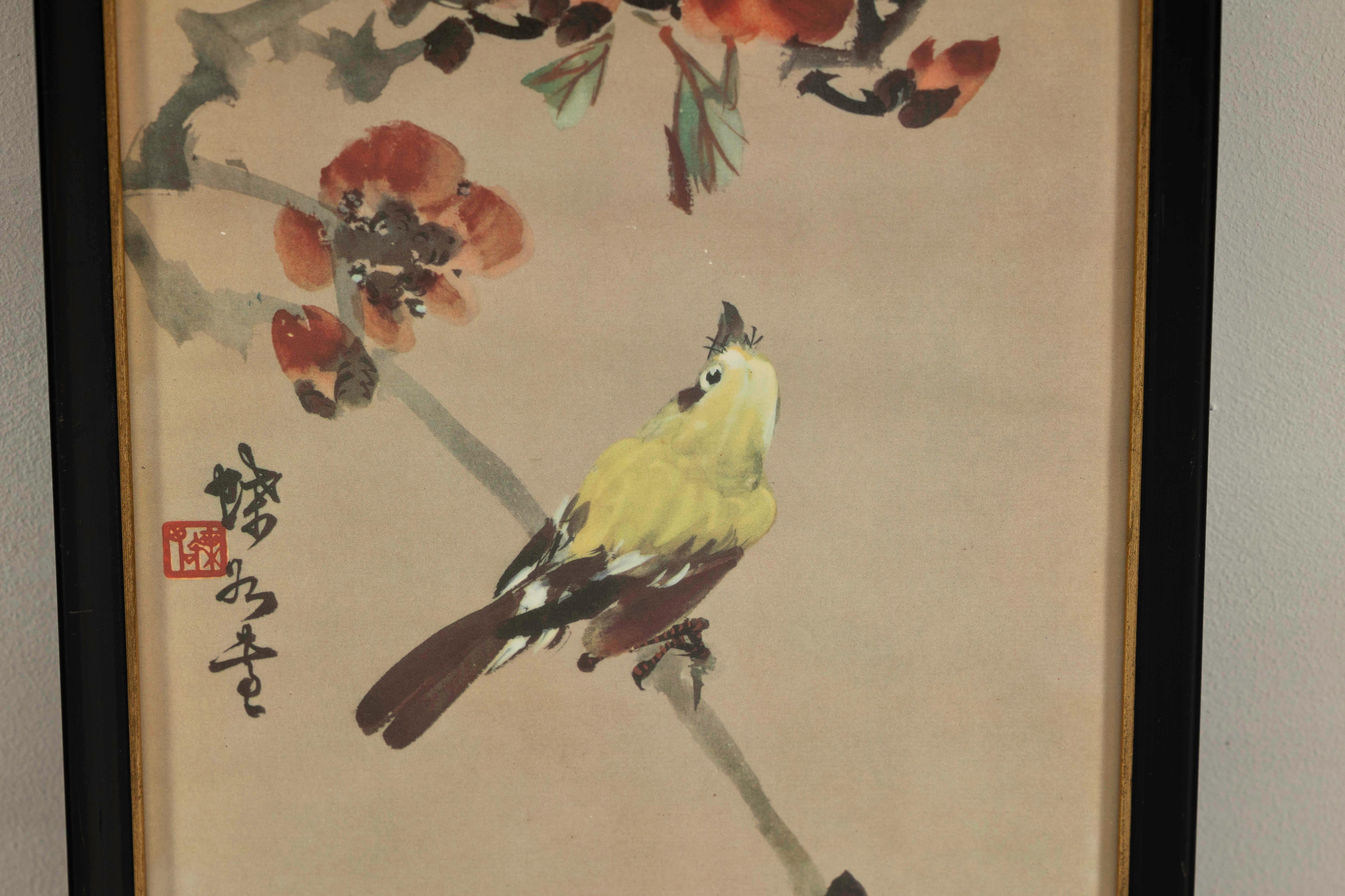 Framed Japanese Watercolor Painting of Bird on Flowering Branch For Sale 2