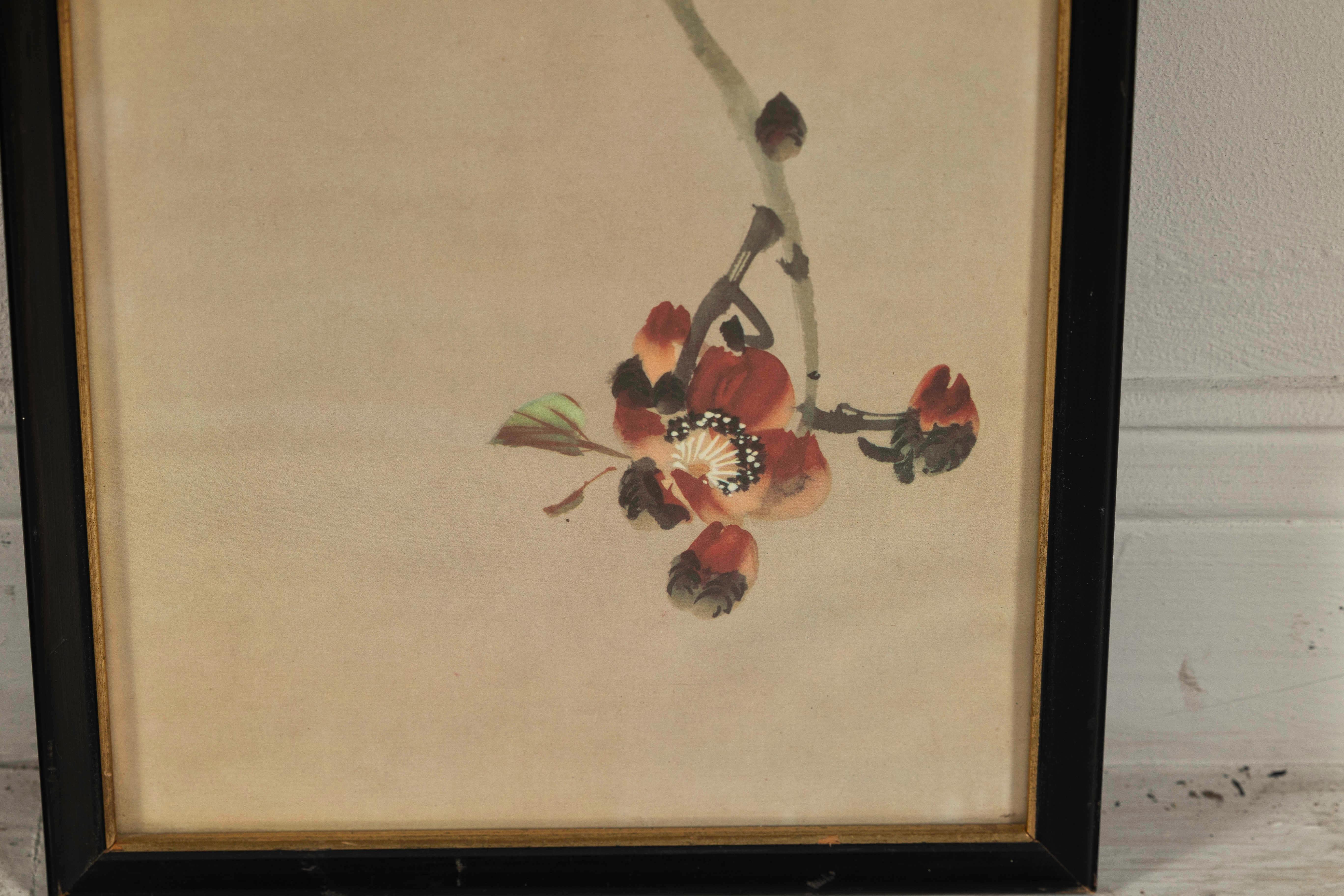 Framed Japanese Watercolor Painting of Bird on Flowering Branch For Sale 3