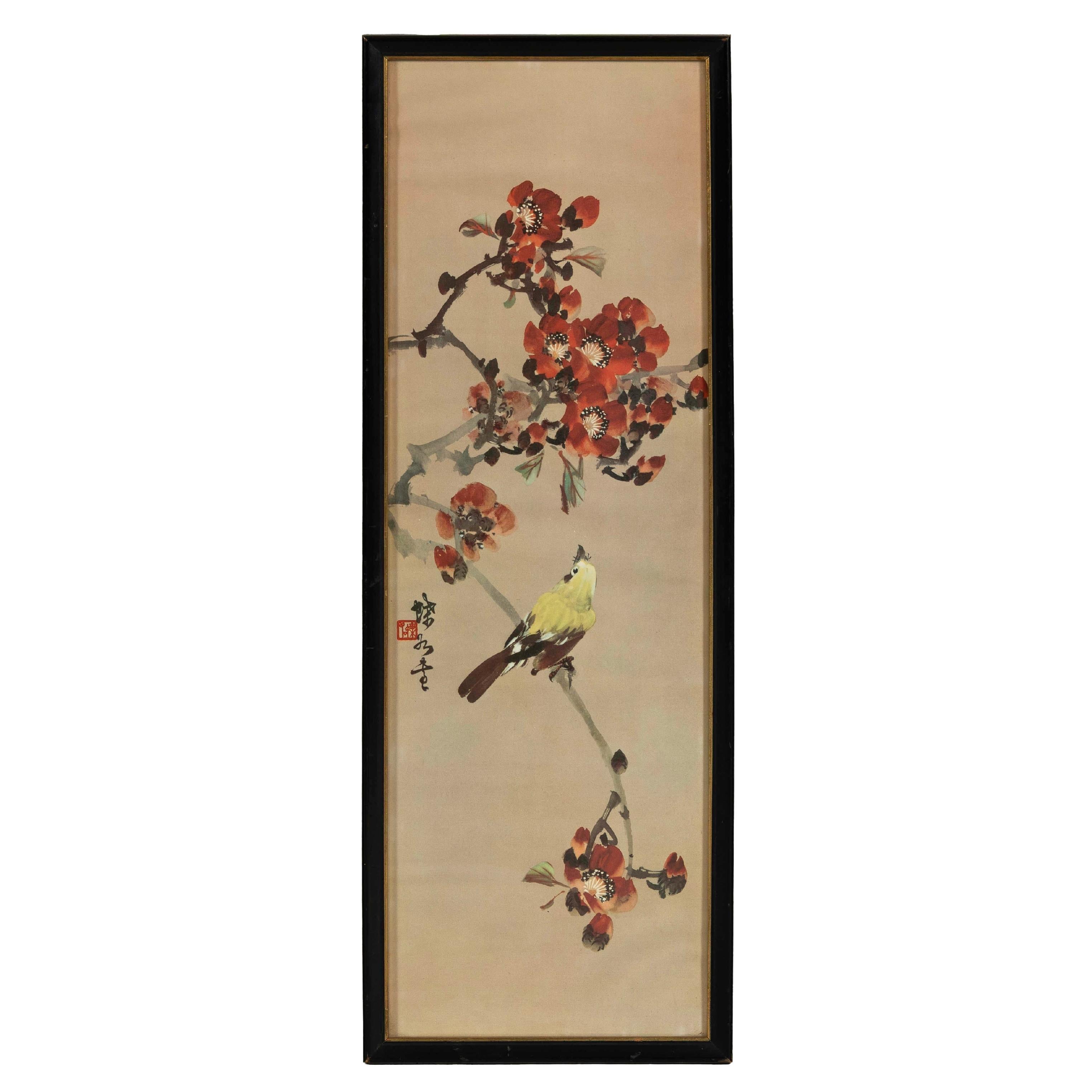 Pintura japonesa en acuarela enmarcada de Pájaro en rama florecida