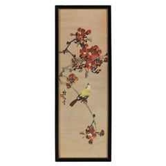 Framed Japanese Watercolor Painting of Bird on Flowering Branch