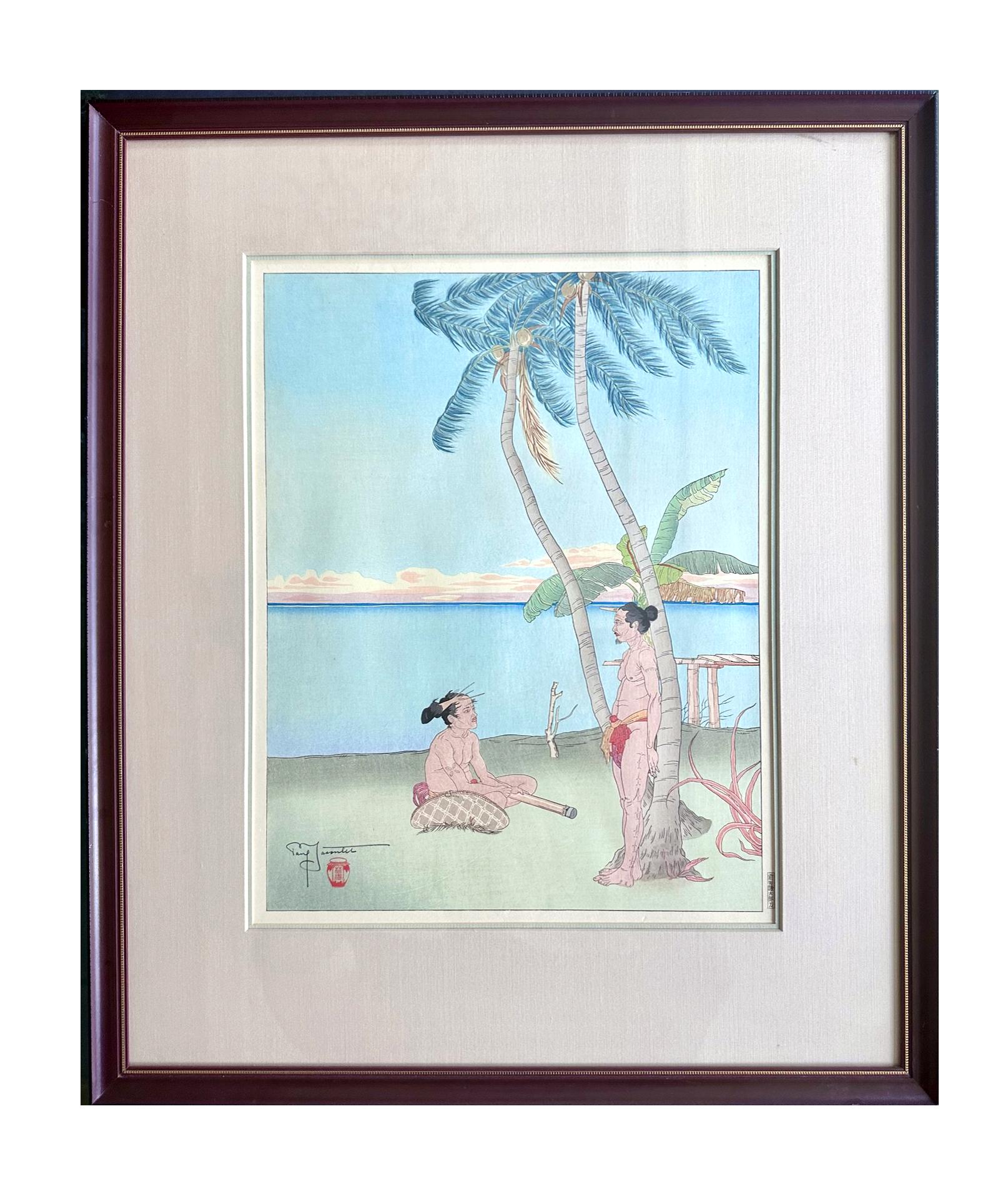 A Japanese Woodblock print by Paul Jacoulet (French, 1896-1960) entitled Apres Le Pluie. Tarang, Yap (After the rain). Created in 1938, this print was considered to be Jacoulet's first attempt to tell a story with a psychological depth through an