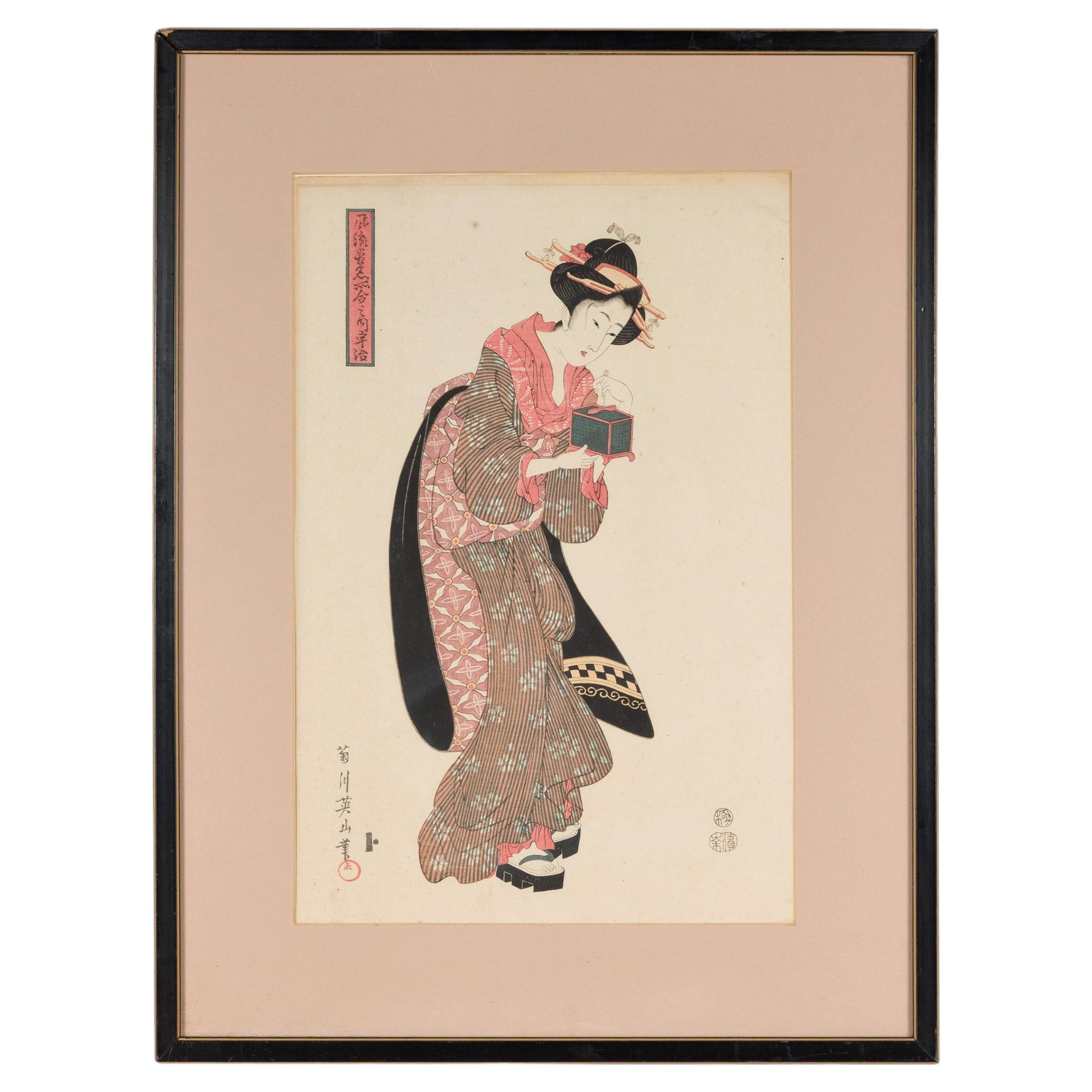 Framed Japanese Woodblock Print Designed by Kikukawa Eizan For Sale