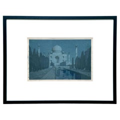 Vintage Framed Japanese Woodblock Print Yoshida Hiroshi the Taj Mahal Gardens at Night