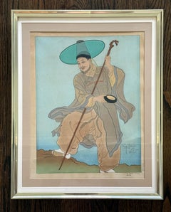 Grabado japonés en madera enmarcado, «Le Bonze Errant», de Paul Jacoulet
