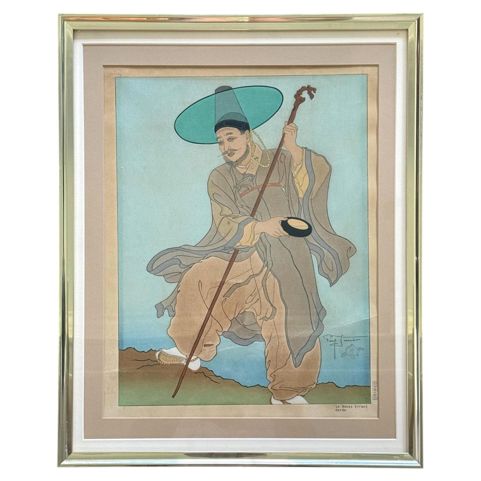 Framed Japanese Woodblock Print Le Bonze Errant by Paul Jacoulet