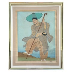 Grabado japonés en madera enmarcado, «Le Bonze Errant», de Paul Jacoulet