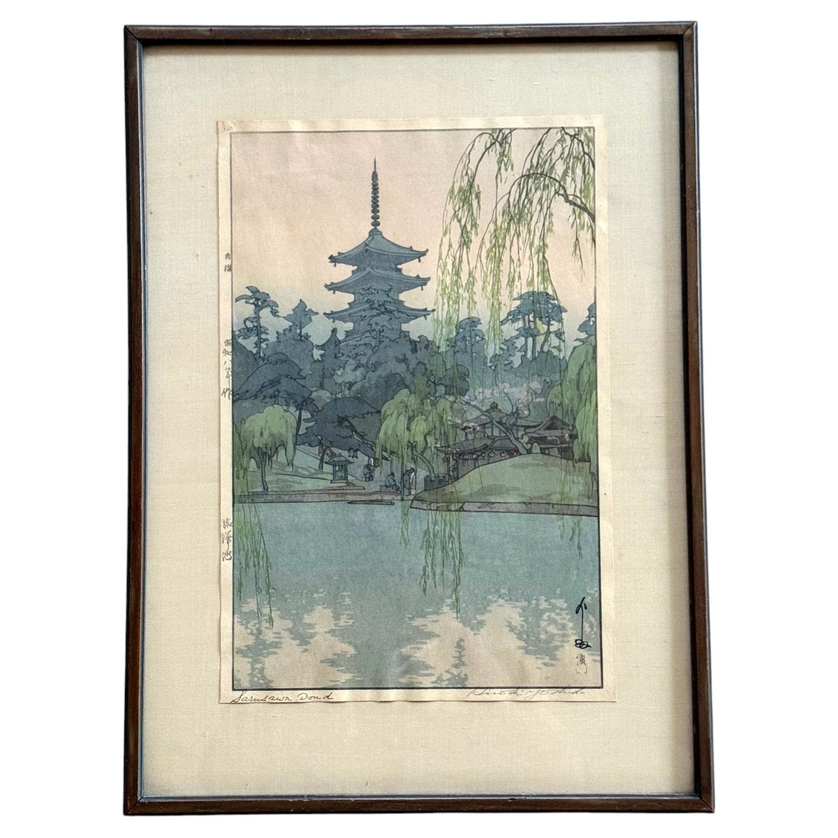Framed Japanese Woodblock Print Yoshida Hiroshi Sarusawa Pond
