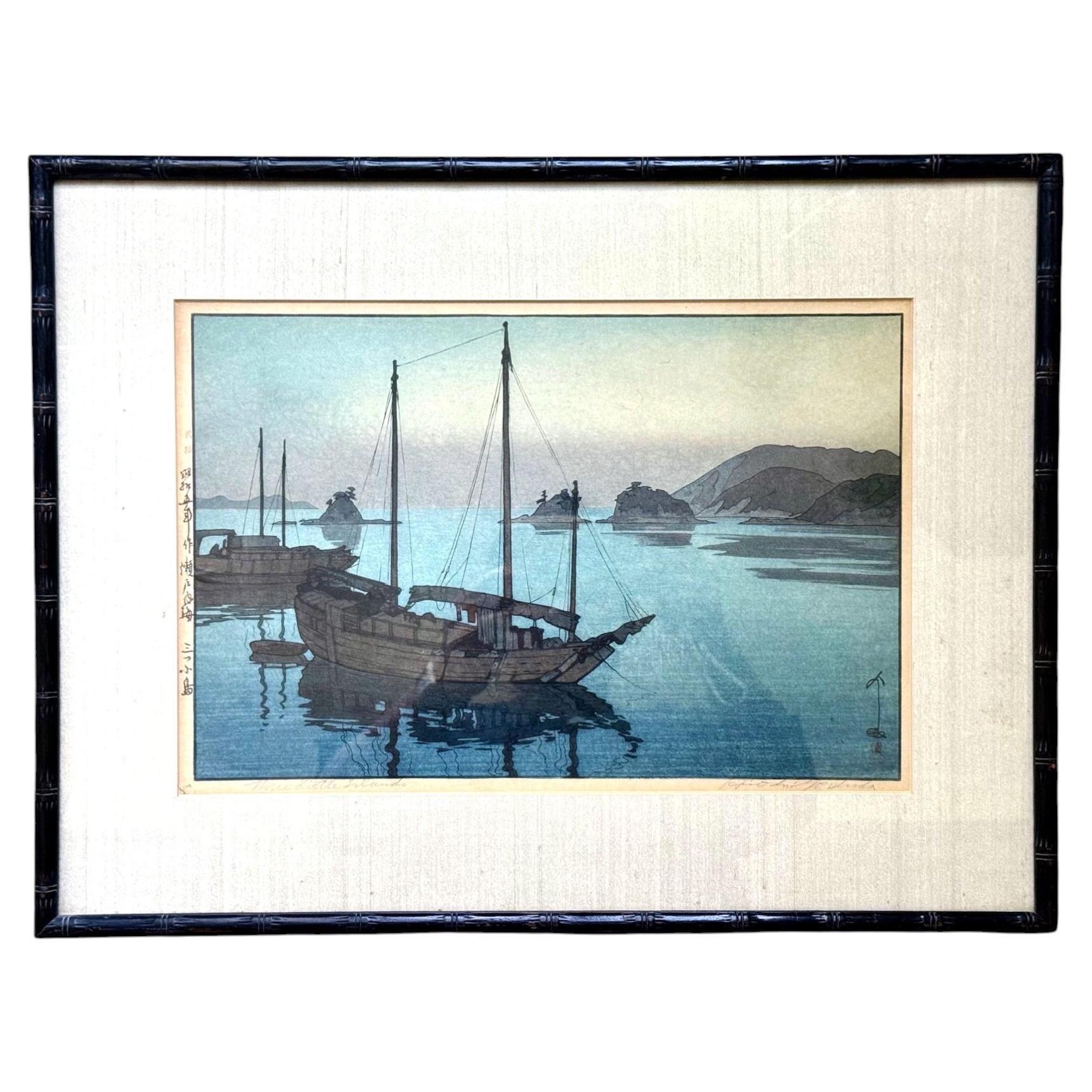 Gravure sur bois japonaise encadrée Aroshi Hiroshi Yoshida Trois petites îles en vente