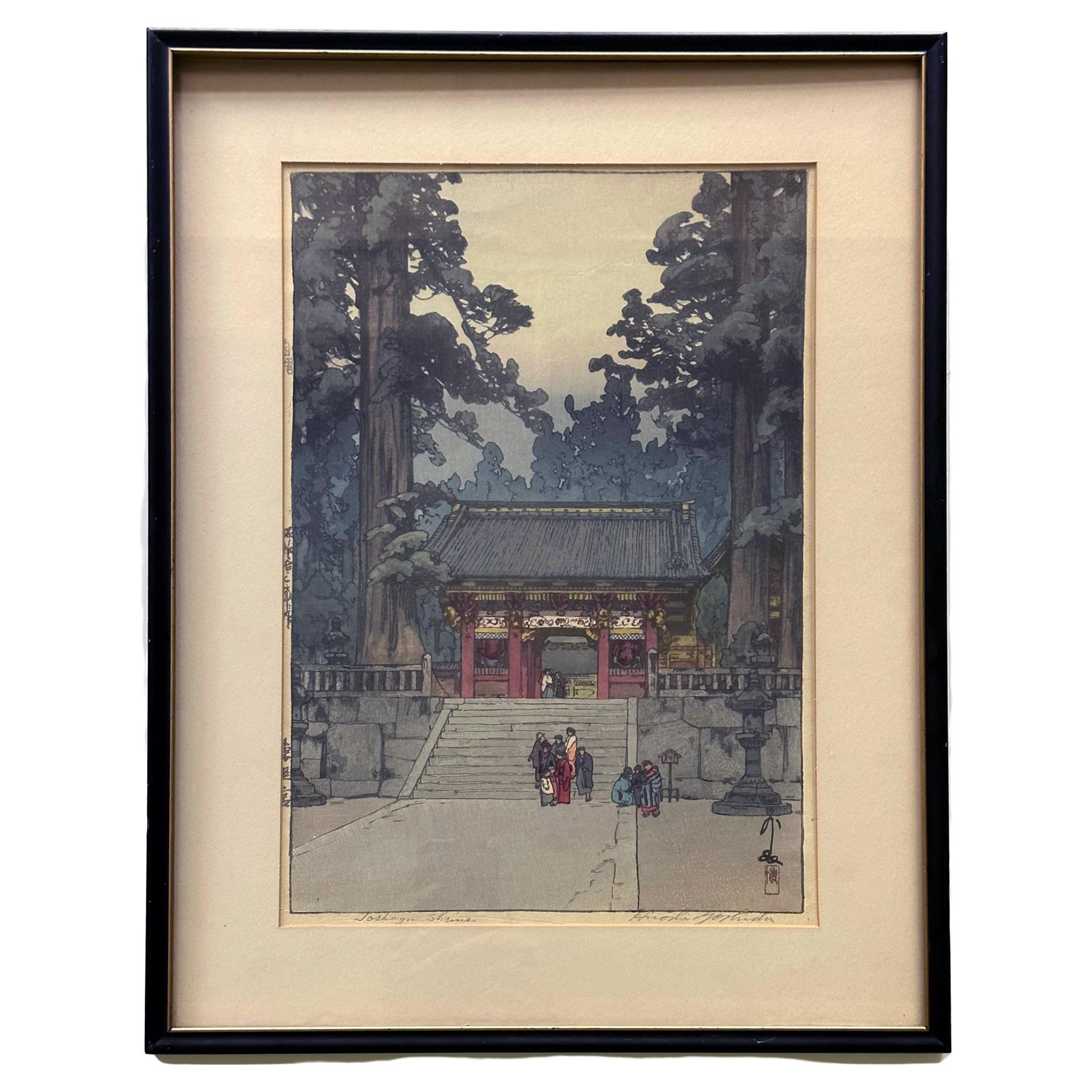 Framed Japanese Woodblock Print Yoshida Hiroshi Toshogu Shrine For Sale