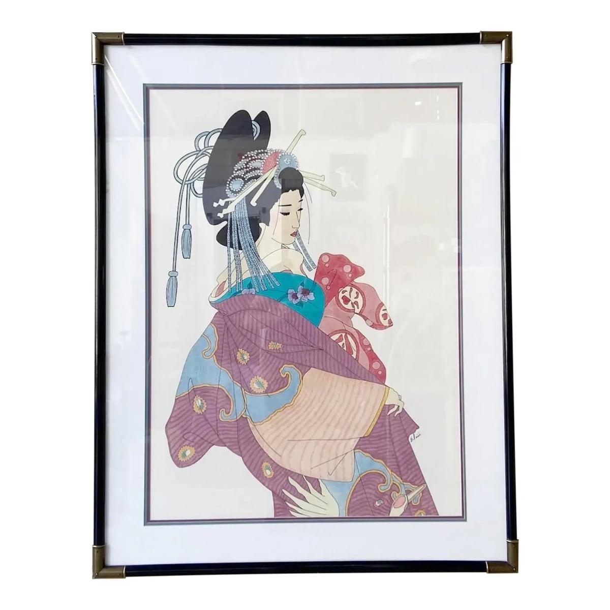 Framed Japanese Woodblock-Style Print Bijin-Ga “Beautiful Woman” For Sale