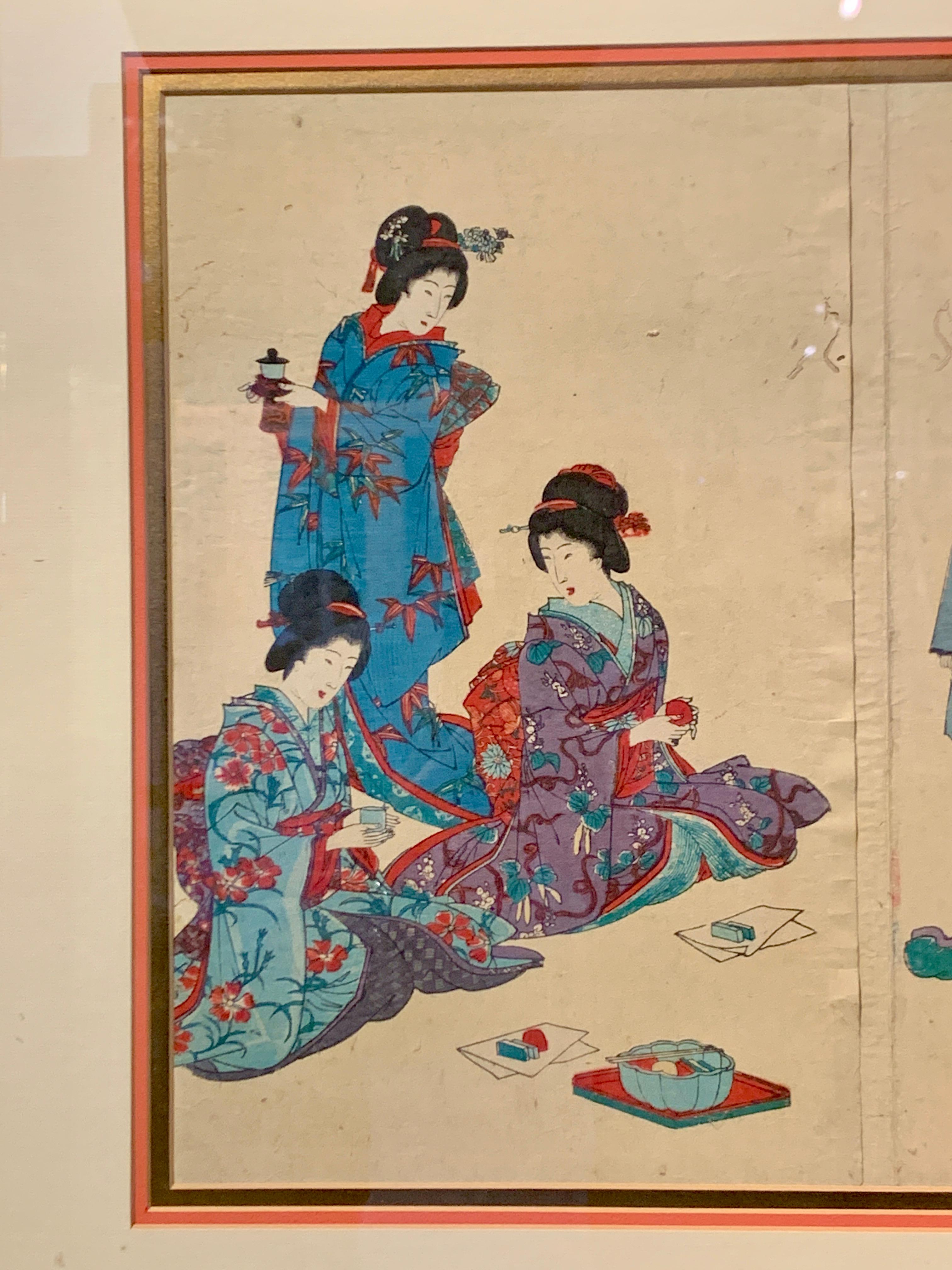 An elegant and delightful Japanese woodblock print triptych (sammaitsuzuki) from the series 