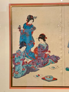 Gerahmtes japanisches Triptychon aus Holzschnitt von Chikanobu „Etiquette für Frauen“