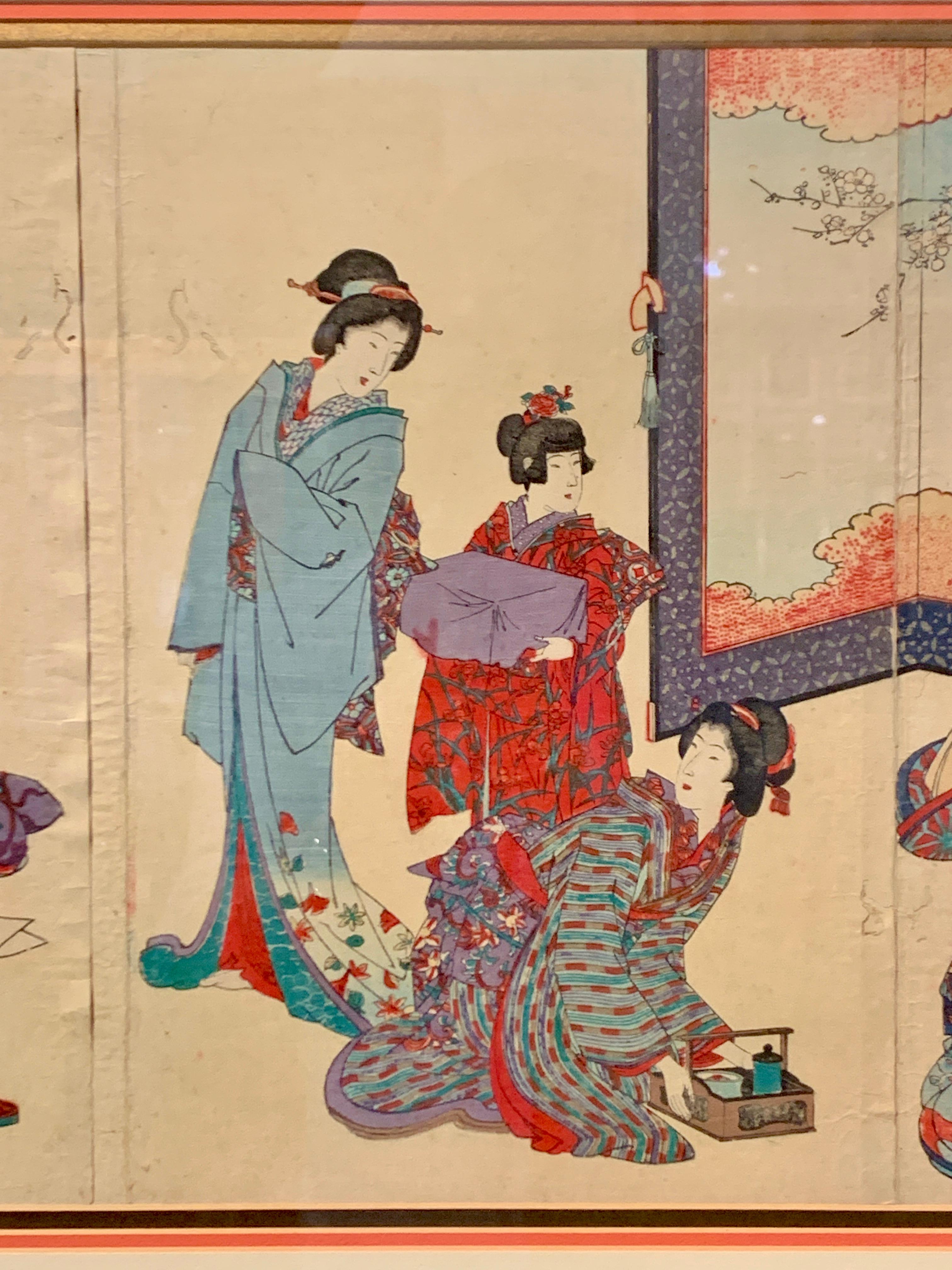 Meiji Framed Japanese Woodblock Triptych by Chikanobu 