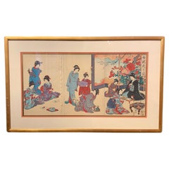 Gerahmtes japanisches Triptychon aus Holzschnitt von Chikanobu „Etiquette für Frauen“ 
