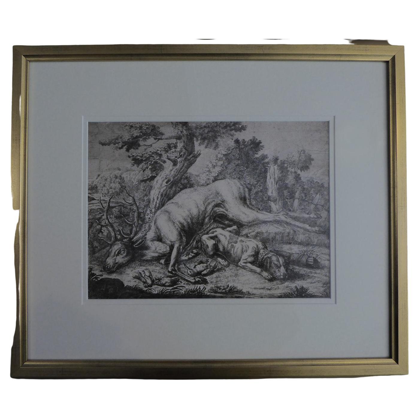 Framed Johann Elias Ridinger Engraving, 18th Stag Engraving