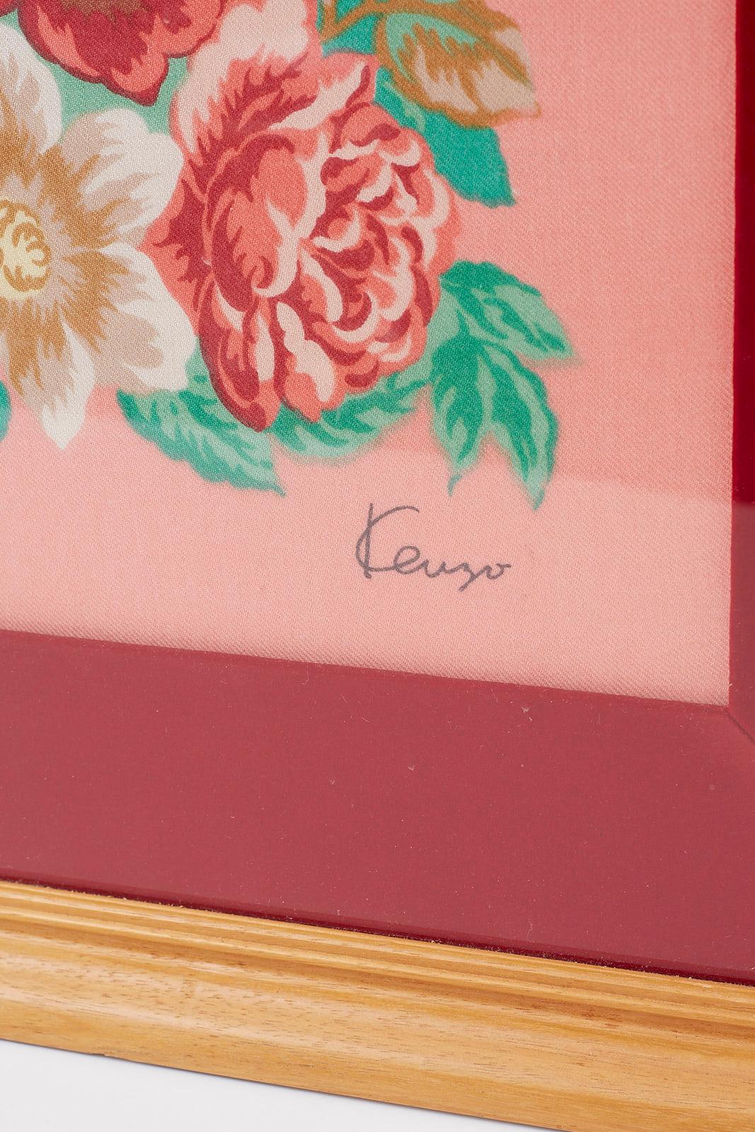 French Framed Kenzo Takada Silk Mille-Fleur Painted Scarf
