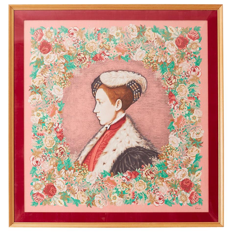 Framed Kenzo Takada Silk Mille-Fleur Painted Scarf