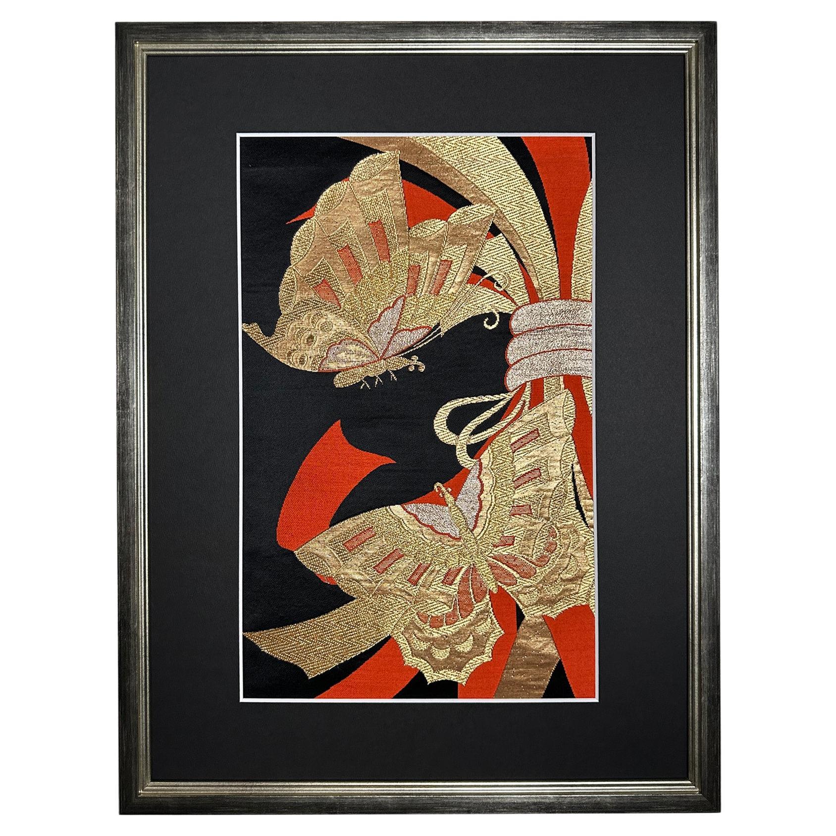 Framed Kimono Art, "Butterfly of Fortune" by Kimono-Couture, Japanese Wall Art For Sale