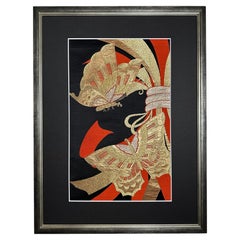 Framed Kimono Art, "Butterfly of Fortune" by Kimono-Couture, Japanese Wall Art