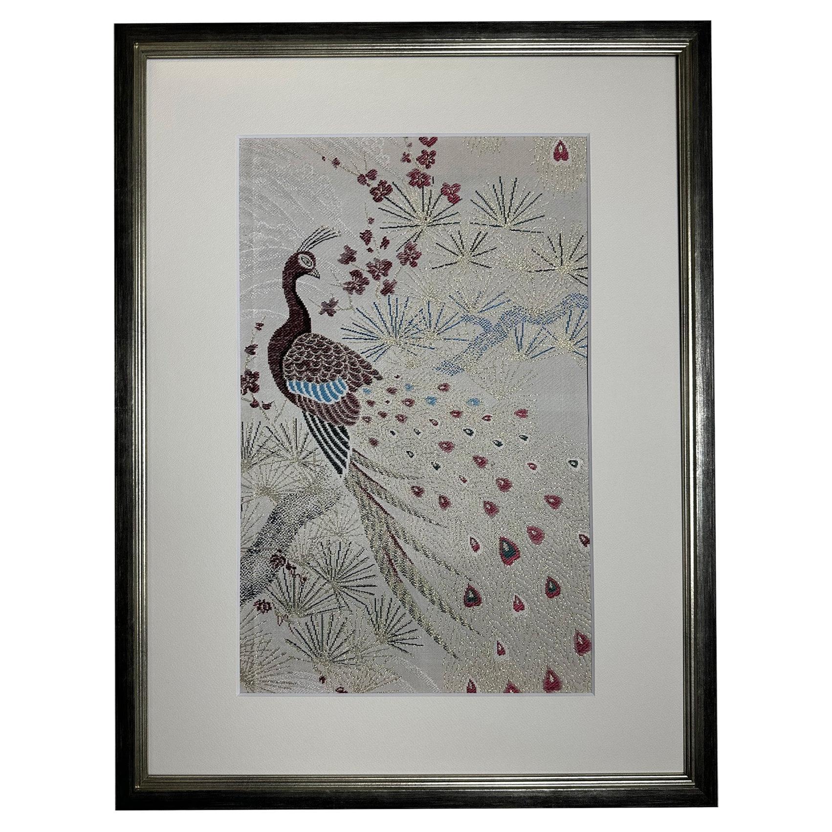 Framed Kimono Art, "Peacock Paradise" by Kimono-Couture, Japanese Textile Art For Sale