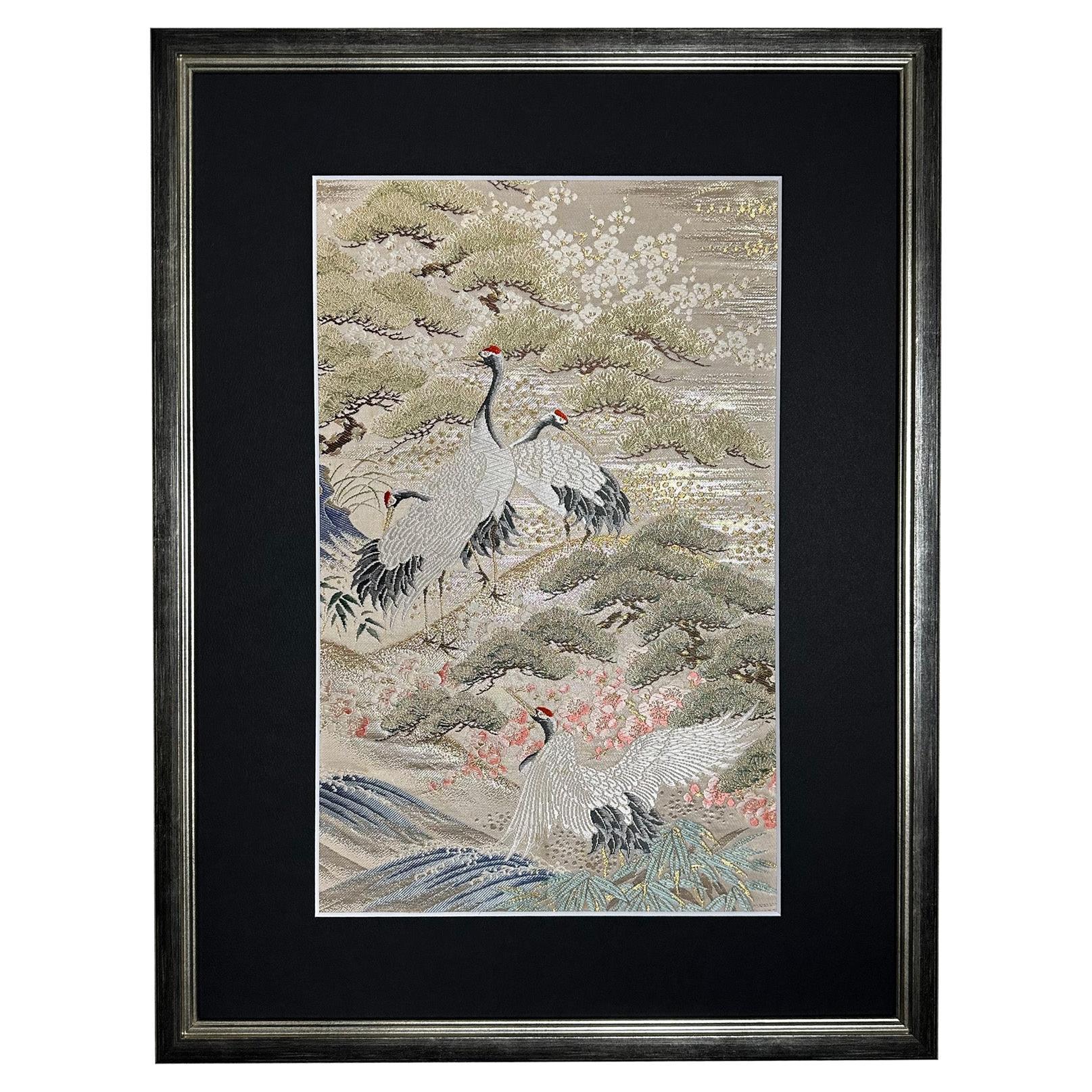 Framed Kimono Art, "The Crane's Departure" by Kimono-Couture, Japanese Wall Art For Sale