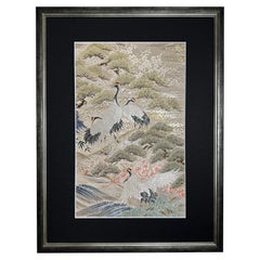 Retro Framed Kimono Art, "The Crane's Departure" by Kimono-Couture, Japanese Wall Art