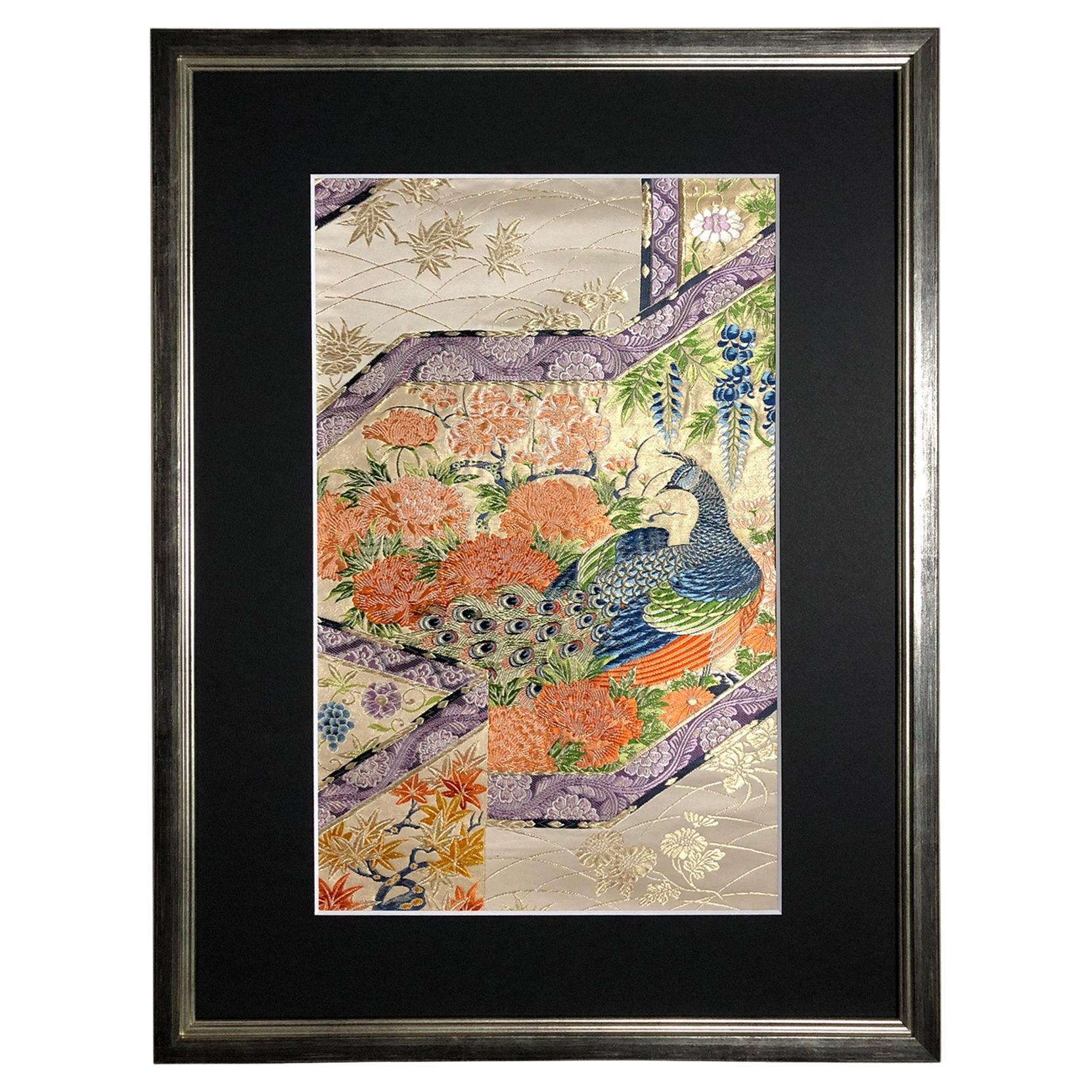 Framed Kimono Art, "The King of Peacocks" by Kimono-Couture, Japanese Wall Art For Sale