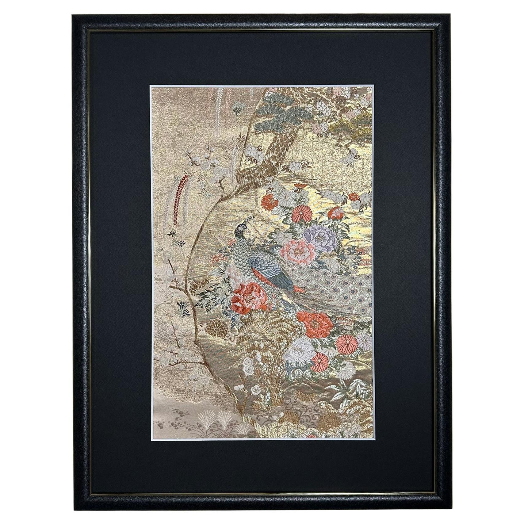 Framed Kimono Art, "The Queen of Peacocks" by Kimono-Couture, Japanese Wall Art For Sale