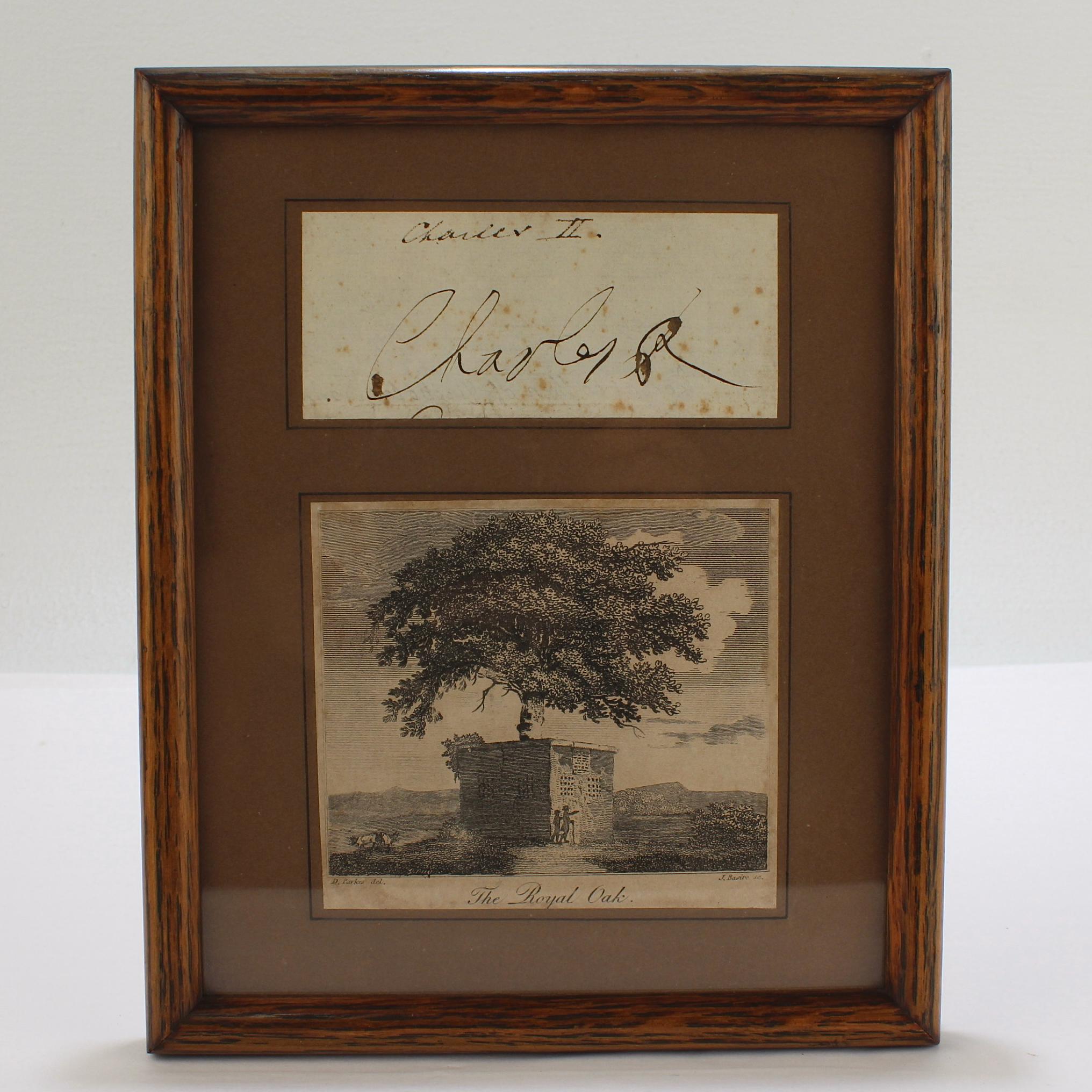 A framed group of two related English Royal items

Including a King Charles II 'Charles R' signature in black ink on laid paper or vellum and a James Basire print of 'The Royal Oak.' 

Both pieces are mounted on a brown matte and framed under