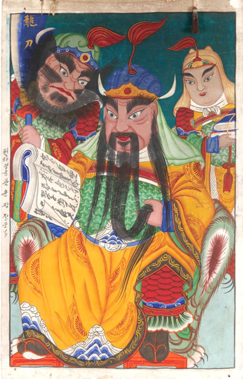 Framed Korean Folk Painting of General Guan Gong For Sale 1