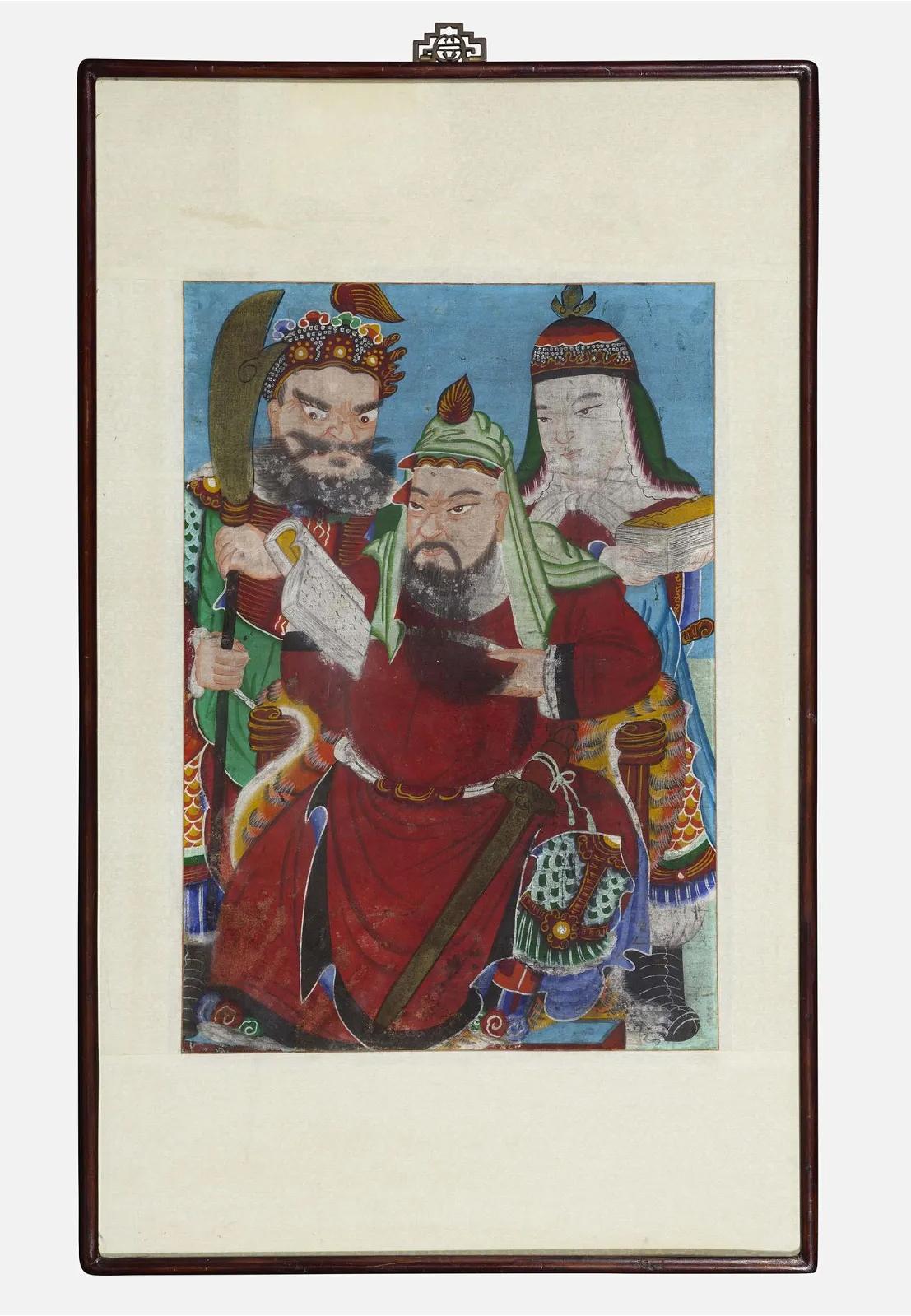 A Korean folk Shamanism watercolor on textile matted with woven brocade and presented in a wood frame with an oriental style metal hanging hardware. The painting was estimated to be from early 20th century circa 1910-1930s. It depicts Guan Yu