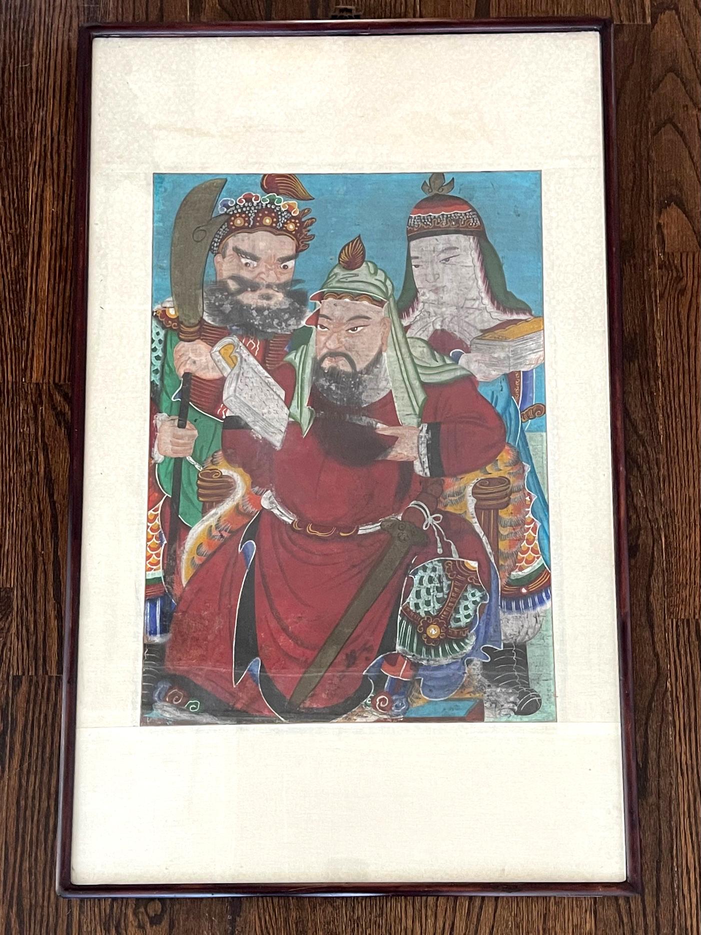 Textile Framed Korean Folk Painting of General Guan Gong For Sale