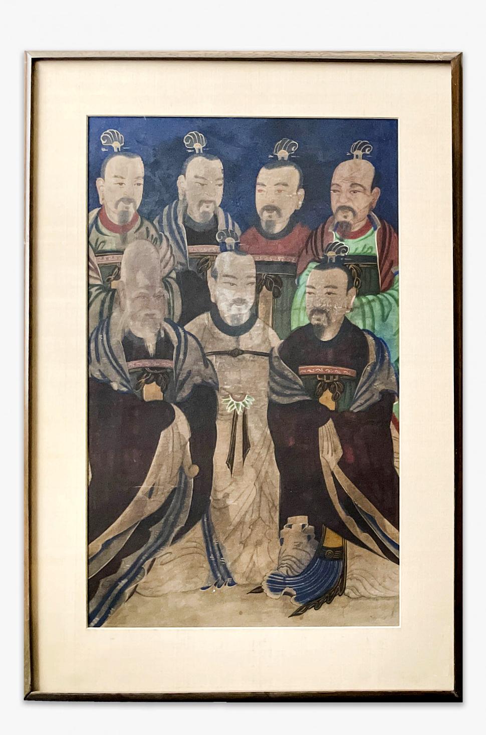 Peinture folklorique coréenne à l'aquarelle sur lin (soie) avec un passe-partout en tissu et un cadre en bois de noyer. L'œuvre est de style chamanique et représente la personnification taoïste (Chilwon Seonggun) des sept étoiles de la Bigli