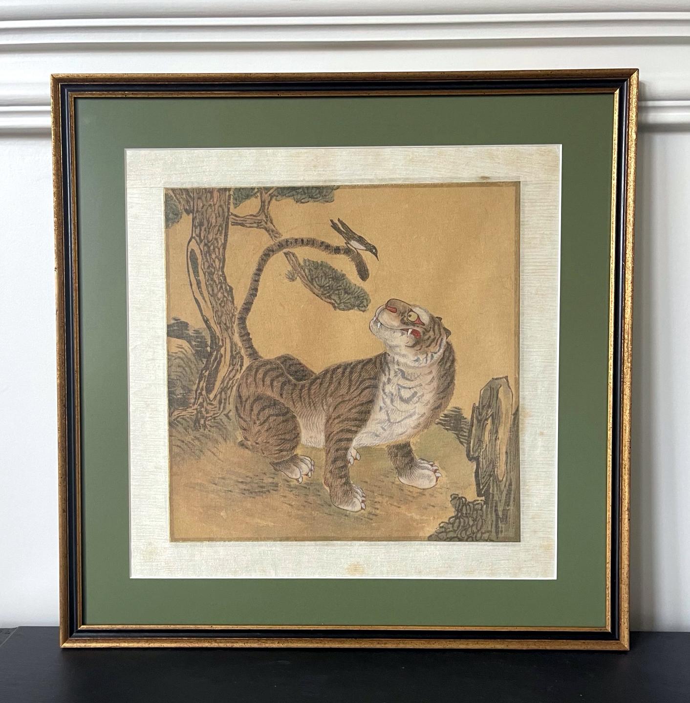 Framed Korean Jakhodo Tiger and Magpie Folk Painting One of Four 5