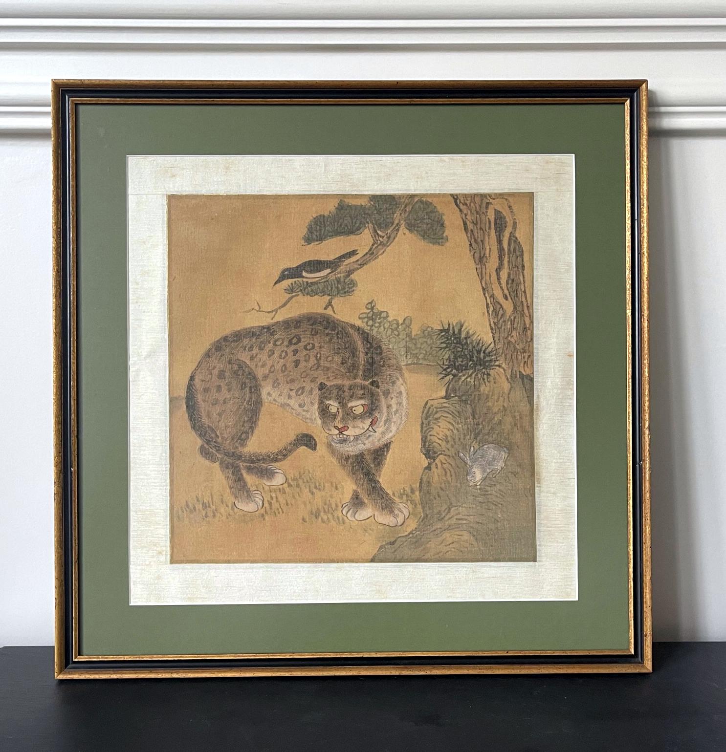 Framed Korean Jakhodo Tiger and Magpie Folk Painting One of Four 8
