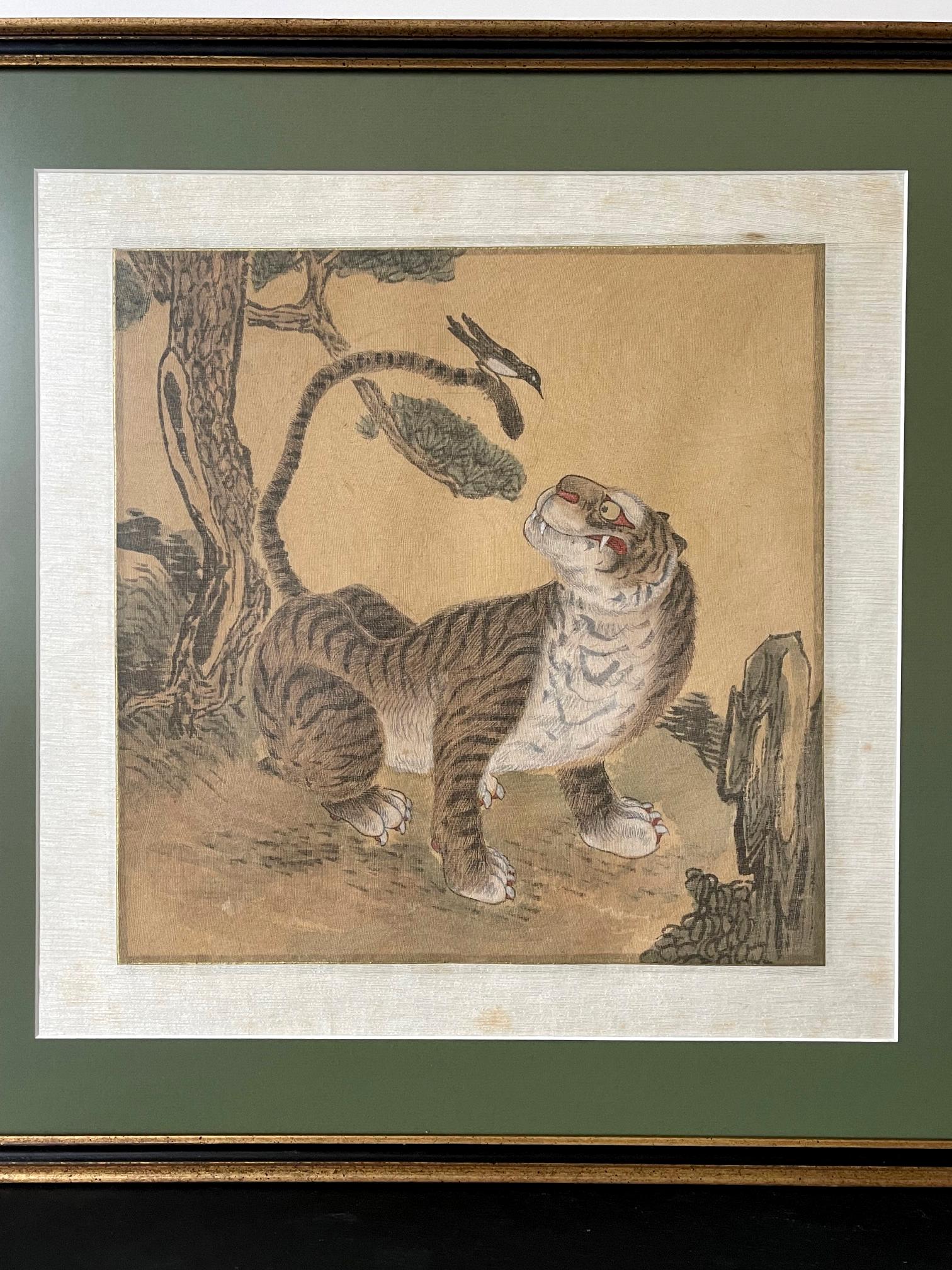 Folk Art Framed Korean Jakhodo Tiger and Magpie Folk Painting One of Four