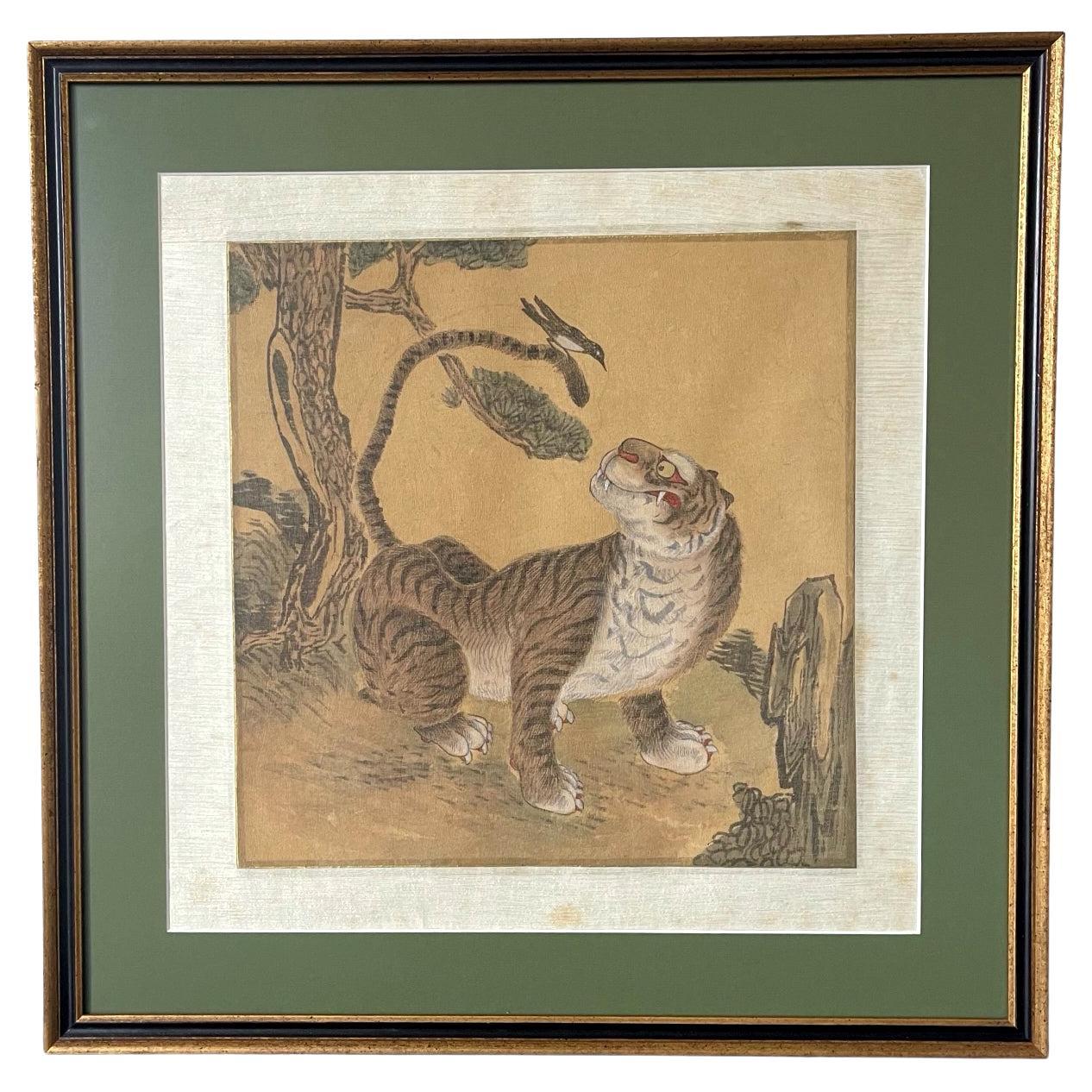 Framed Korean Jakhodo Tiger and Magpie Folk Painting One of Four