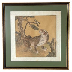 Framed Korean Jakhodo Tiger and Magpie Folk Painting One of Four