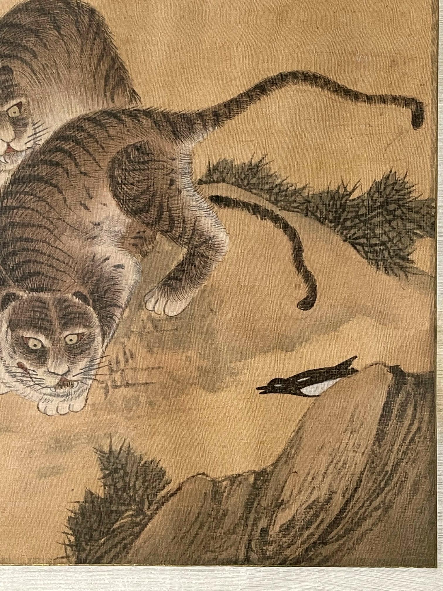 Coréen Peinture folklorique coréenne Jakhodo tigre et magpie encadrée, l'une des quatre en vente