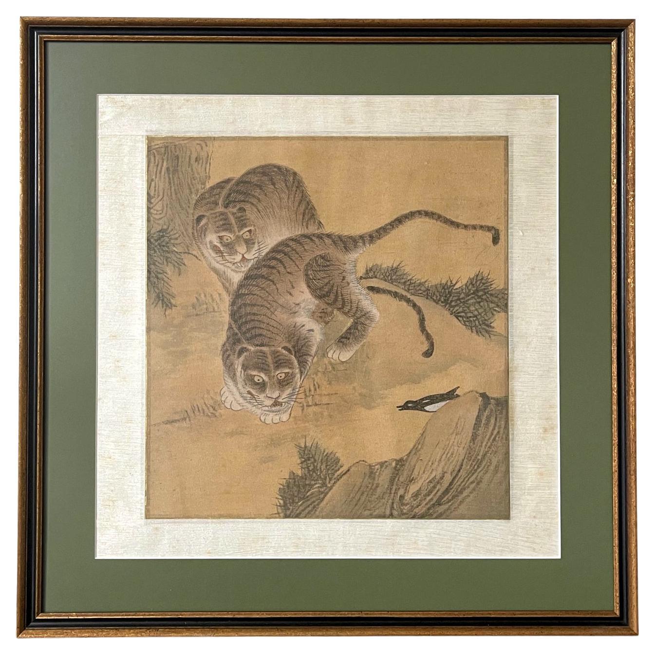 Framed Korean Jakhodo Tiger and Magpie Folk Painting One of the Four For Sale