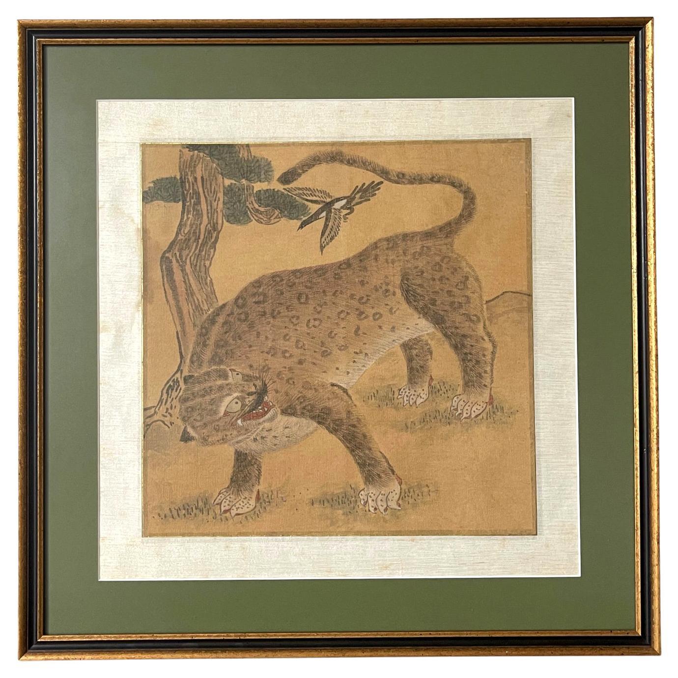Framed Korean Jakhodo Tiger and Magpie Folk Painting One of the Four For Sale