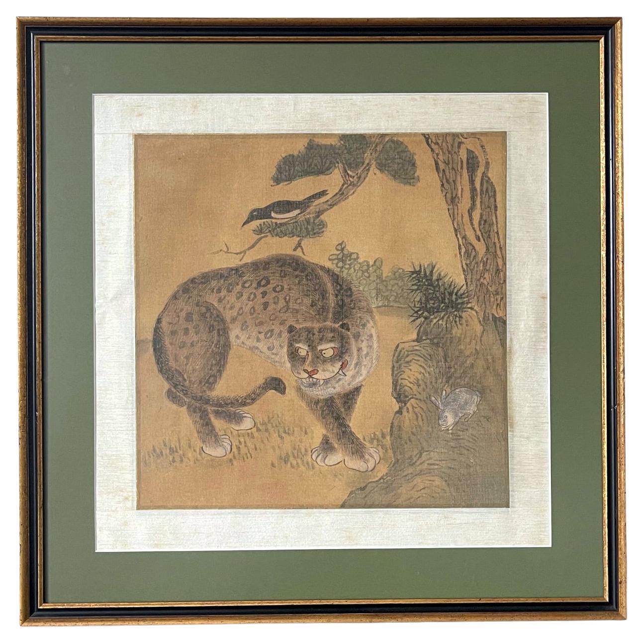 Peinture folklorique coréenne Jakhodo Tiger and Magpie encadrée, l'une des quatre en vente