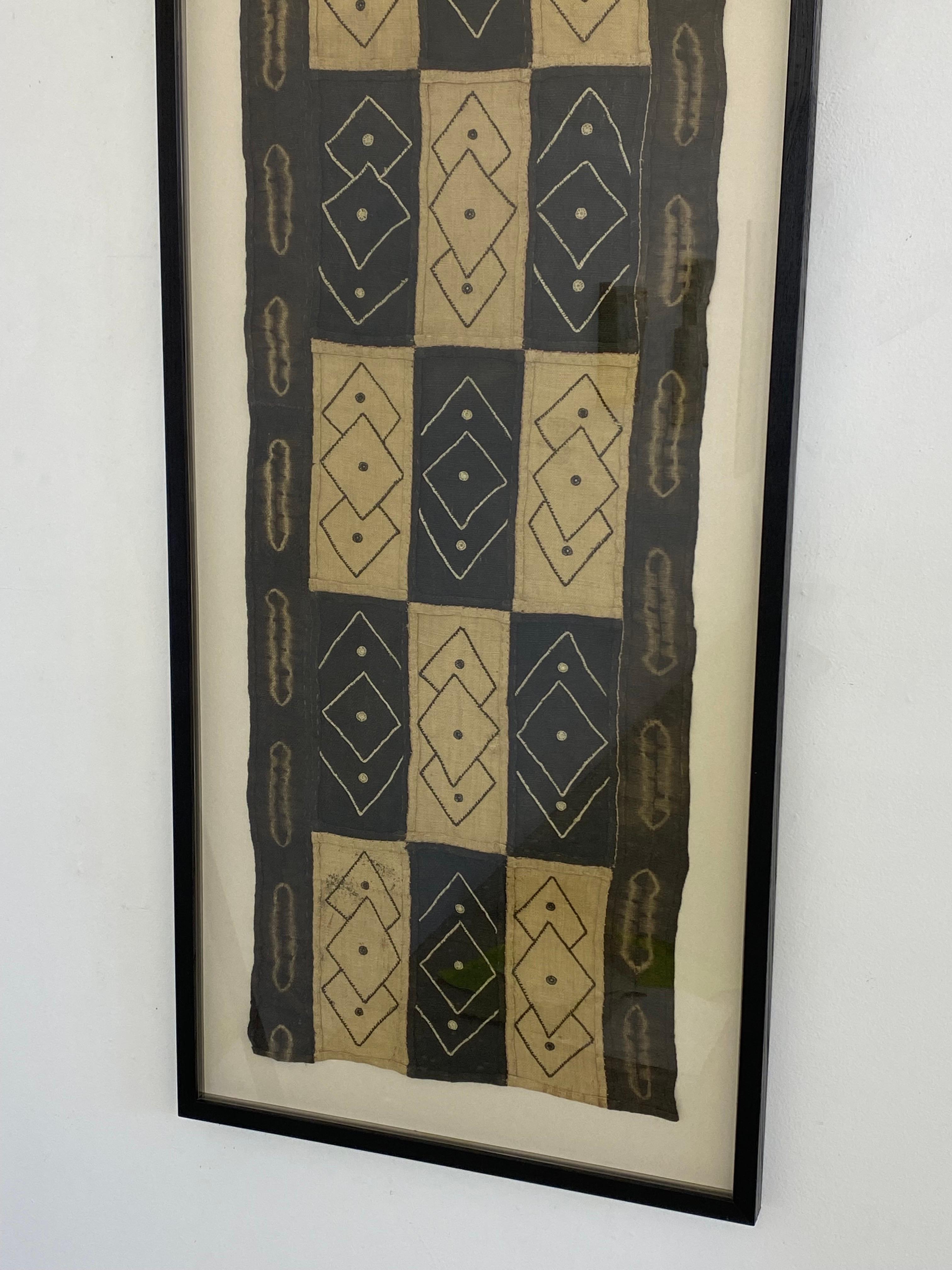 Kuba Textile, Geometric Design with elaborate and complex surface decoration.  Nicely Framed in a black oak frame.  Dates to the mid-70's.  Would work in many rooms, nice statement!
