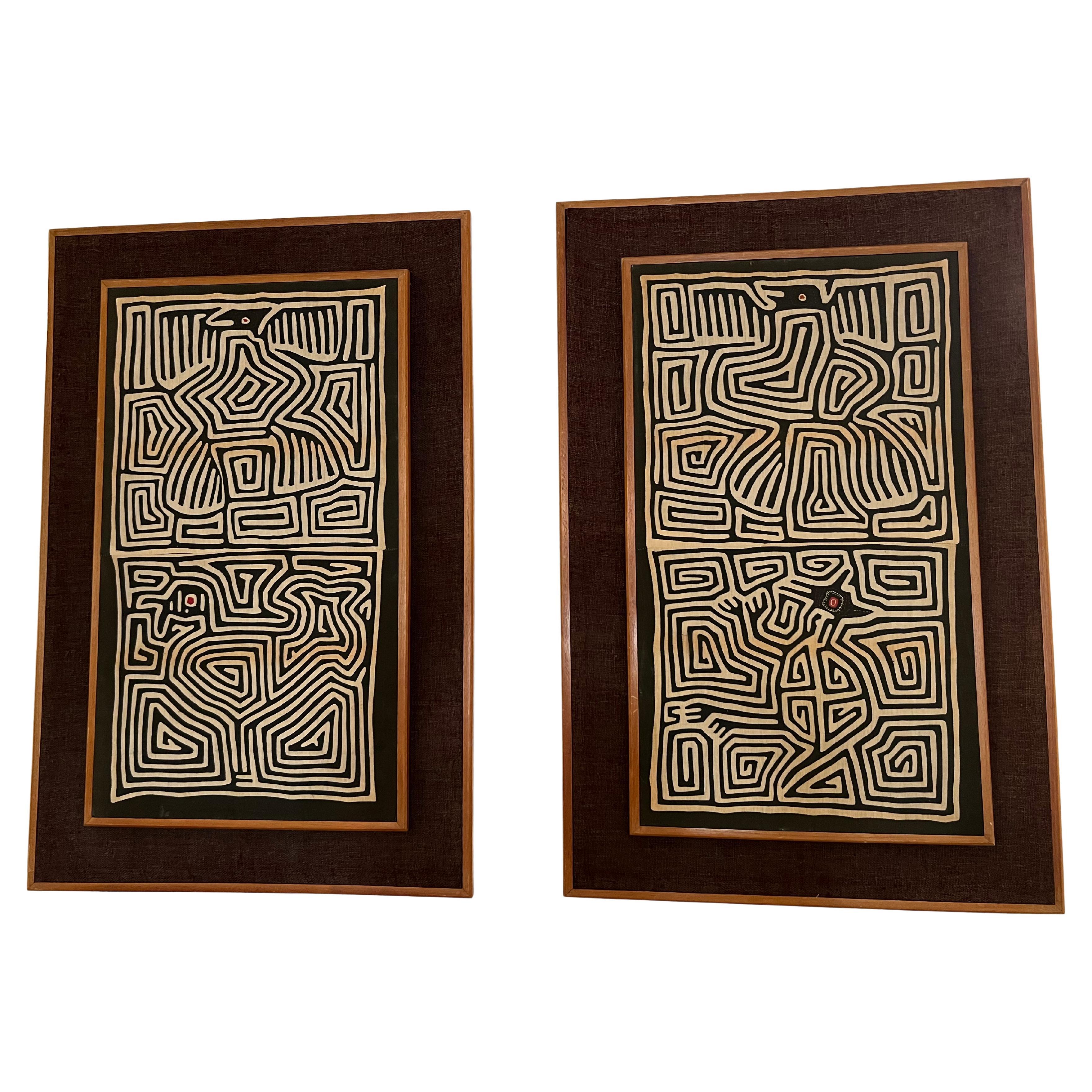Framed Kuna Mola Style Tapestries, a Pair