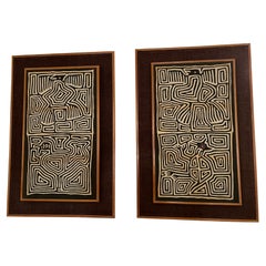 Vintage Framed Kuna Mola Style Tapestries, a Pair