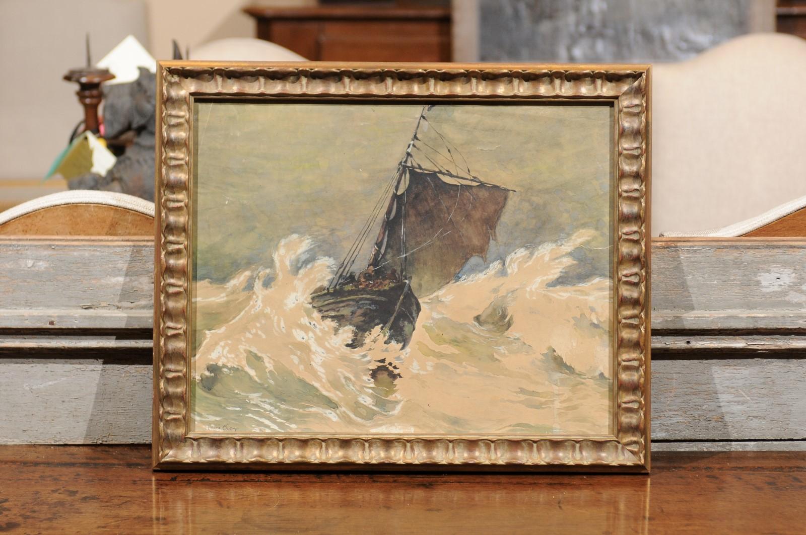 A French gilt framed watercolor of sailboat in the stormy seas, signed and dated lower left hand side 