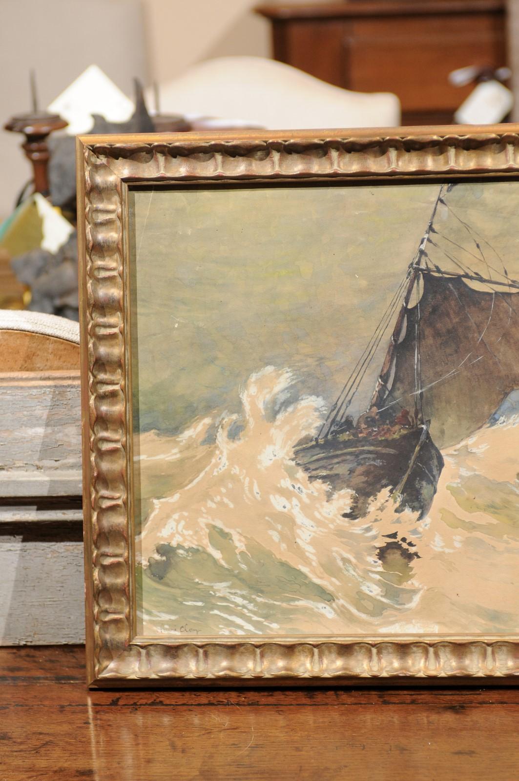 Framed  Watercolor of Sailboat in a Storm, Henry Clay, 1917 In Good Condition In Atlanta, GA